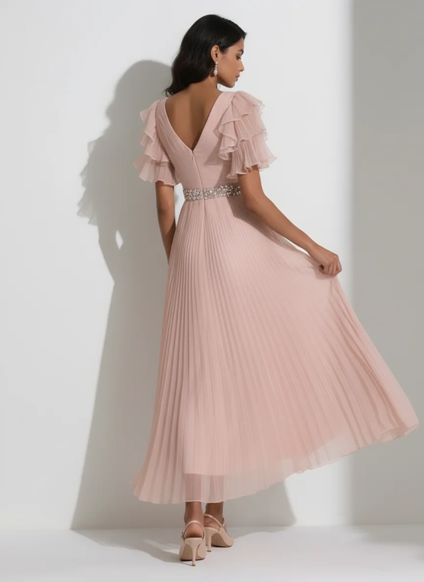 Pink Pleated Rhinestone Chiffon V Neck Short Sleeve Ruffle Sleeve A-Line Maxi Dress