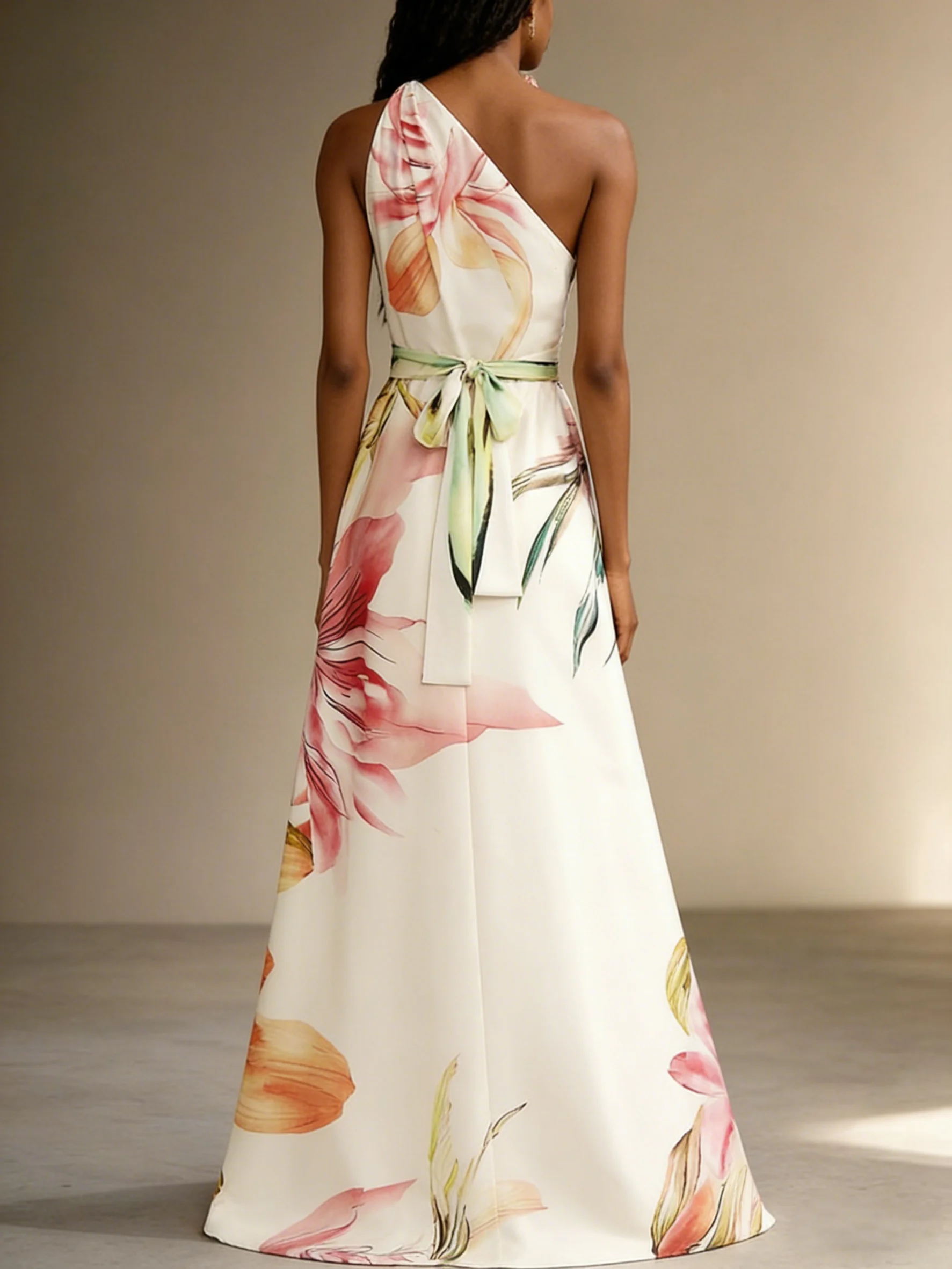 Pink Floral Satin One Shoulder Sleeveless A-Line Maxi Dress With Pockets