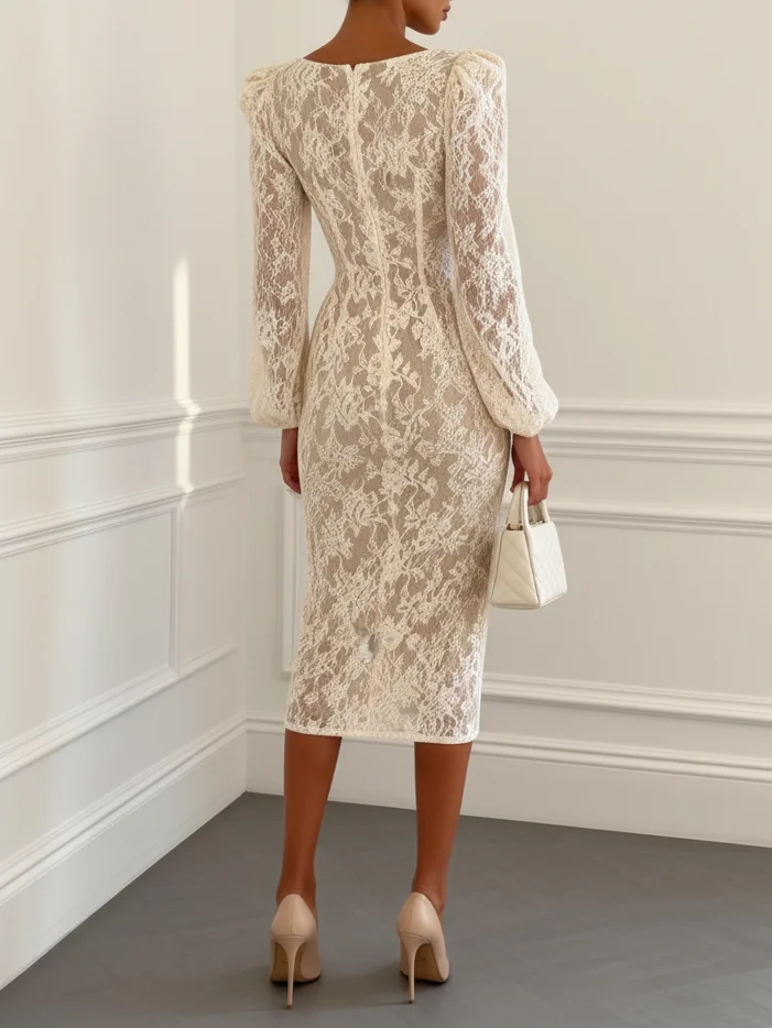Off White Lace Lace Square Neck Long Sleeve Puff Sleeve Sheath Midi Dress