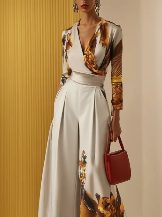 Women Light Khaki Floral V Neck Long Sleeve Wide-Leg Jumpsuit