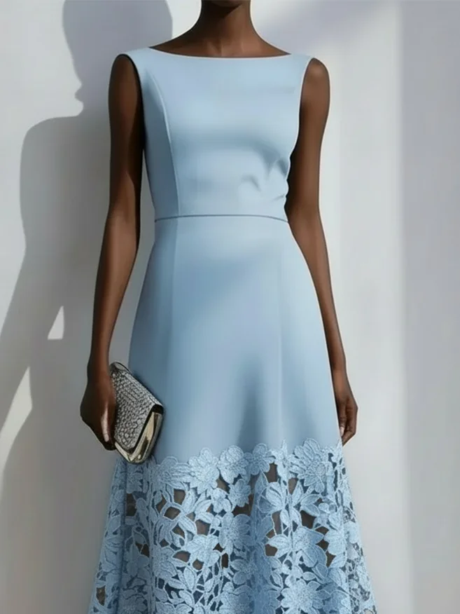 Light Blue Lace Classic Boat Neck Sleeveless A-Line Maxi Dress
