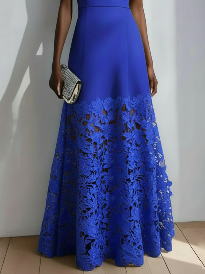 Light Blue Lace Classic Boat Neck Sleeveless A-Line Maxi Dress