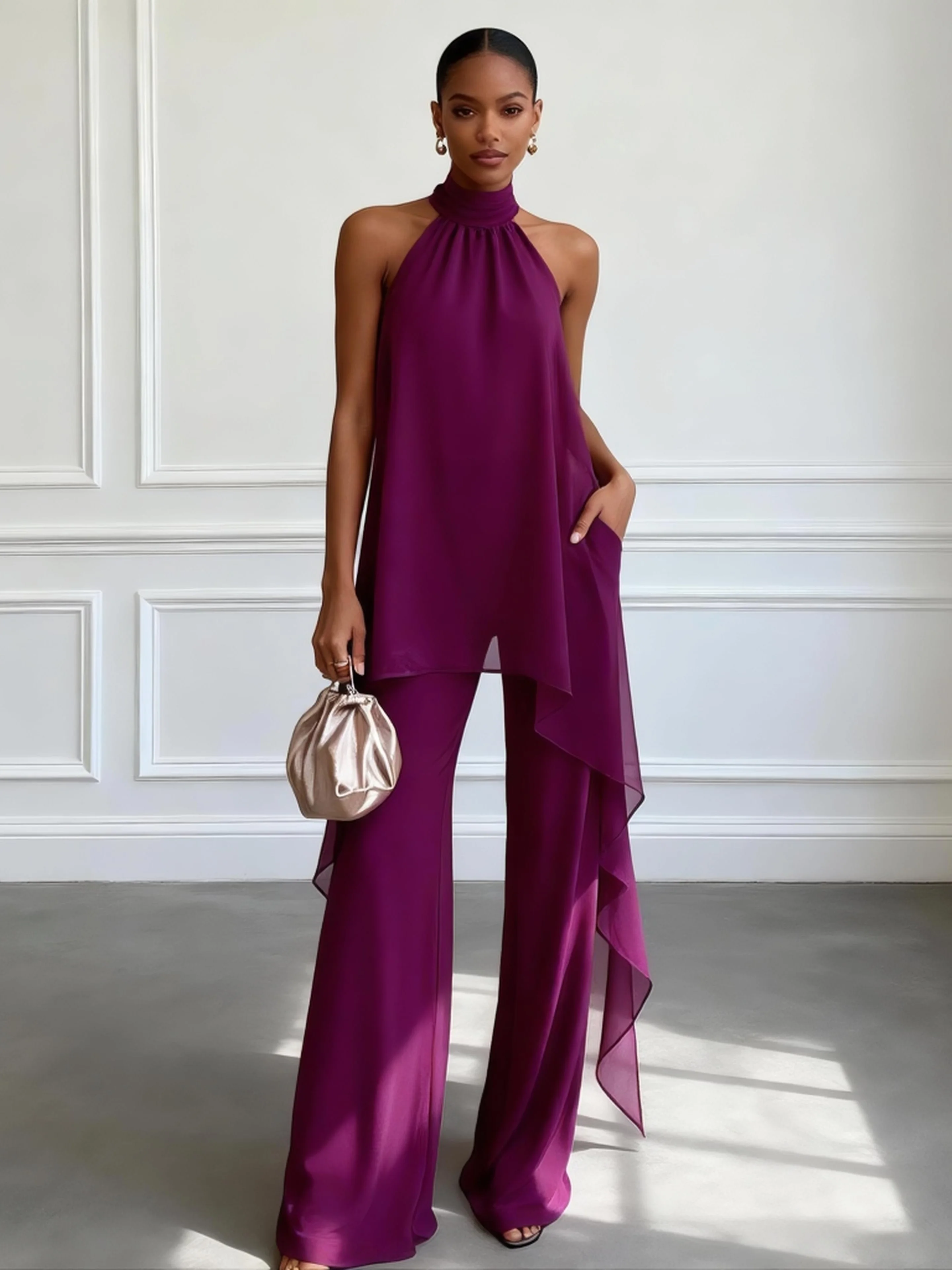 Pruple Ruffland Women Purple Ruffled Halter Sleeveless Elegant Top With Pants Two-Piece ...
