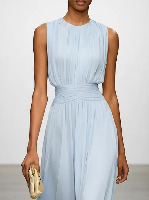 Maxis Crew Light Blue Ruched Chiffon Crew Neck Sleeveless A-Line Maxi Dress | fehaute