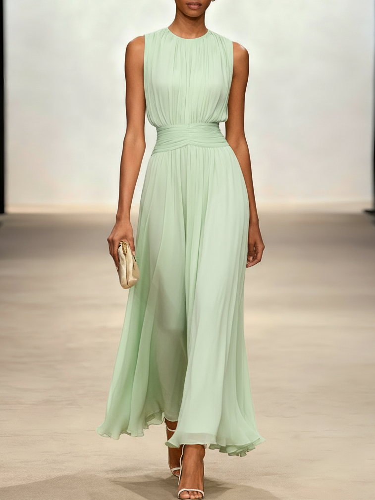 Yellow Ruched Chiffon Crew Neck Sleeveless A-Line Maxi Dress | fehaute