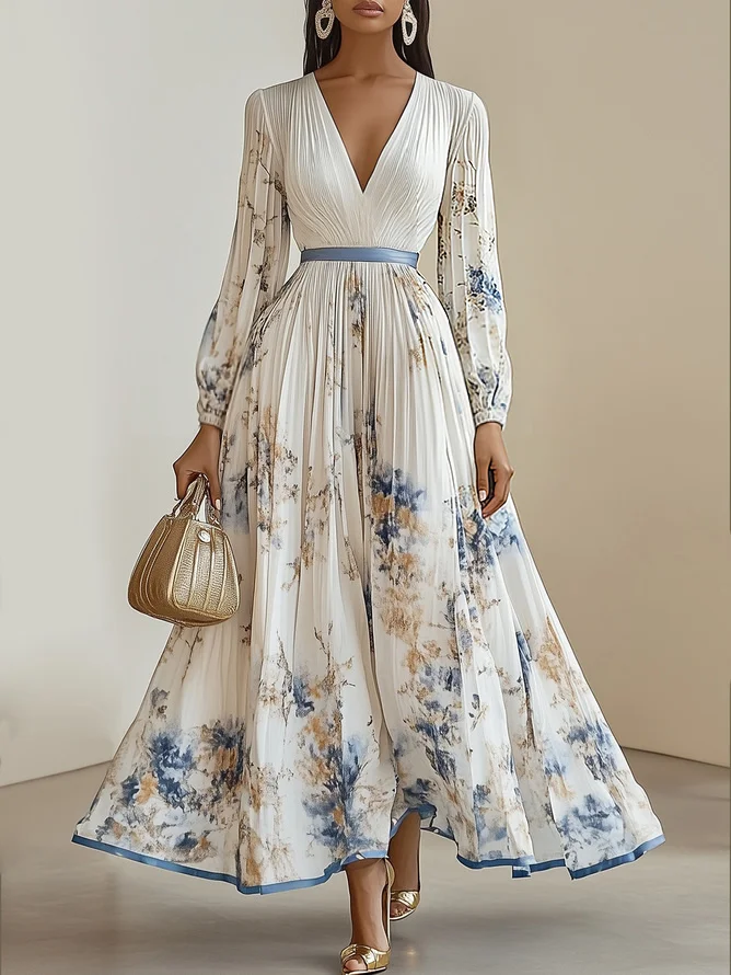 White Pleated Floral Chiffon V Neck Long Sleeve Balloon Sleeve A-Line Maxi Dress | fehaute White Pleated Floral Chiffon V Neck Long Sleeve Balloon Sleeve A-Line Maxi Dress | fehaute