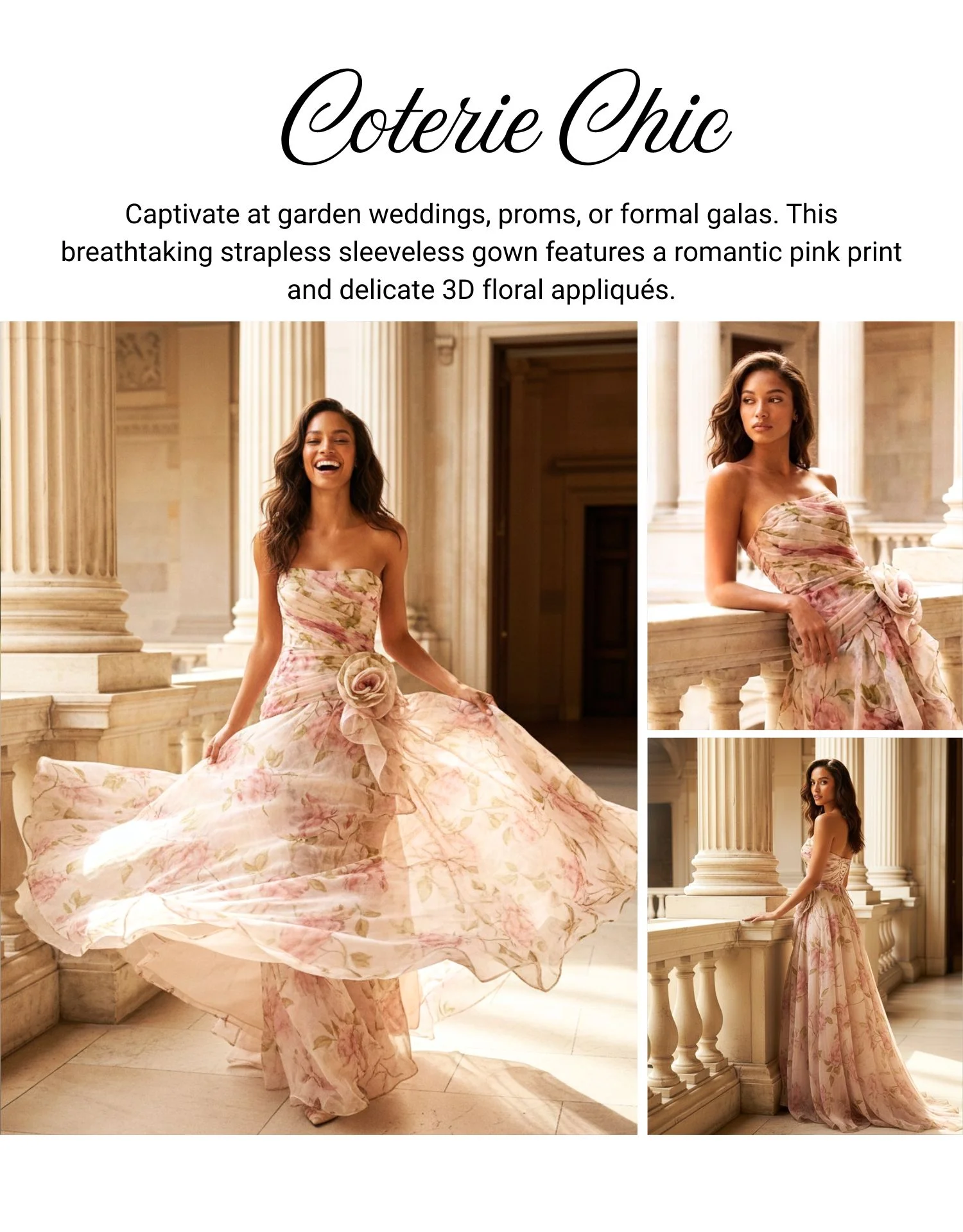 Pink Floral 3D Floral Tulle Strapless Sleeveless A-Line Floor 