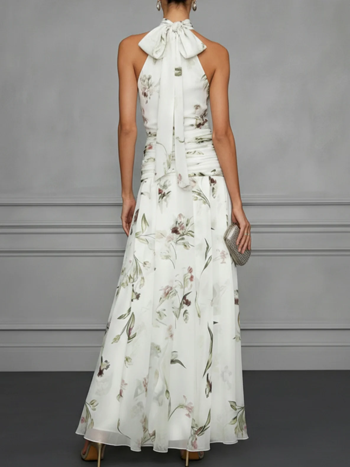 white floral print halterneck chiffon midi dress Float to You White Floral Print Halter Tiered Midi Dress