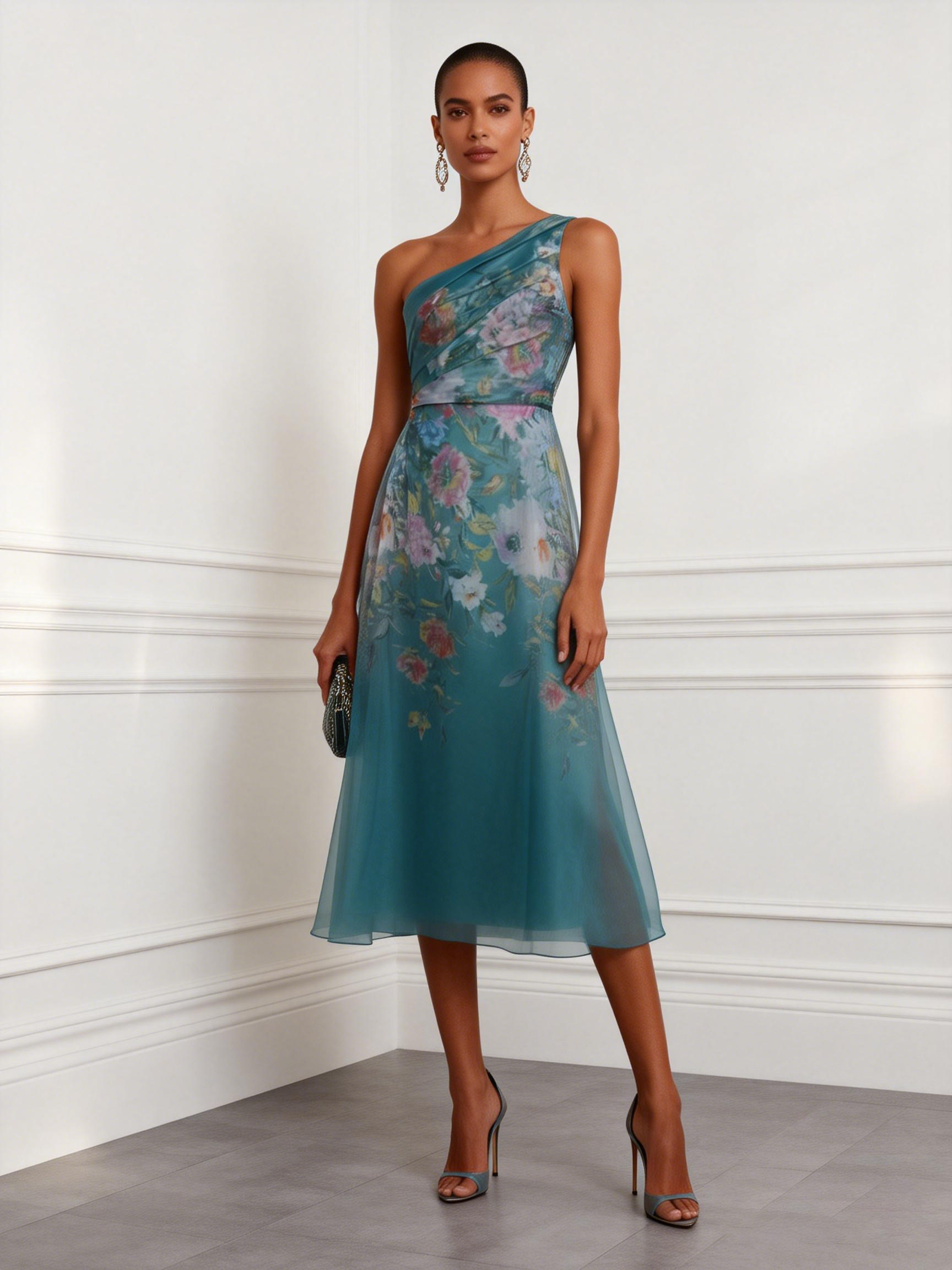 women's cyan off the shoulder dress Floral Ruched Tulle One Sleeveless A-Line Midi line skirt. Cyan Wrap Off Shoulder Satin