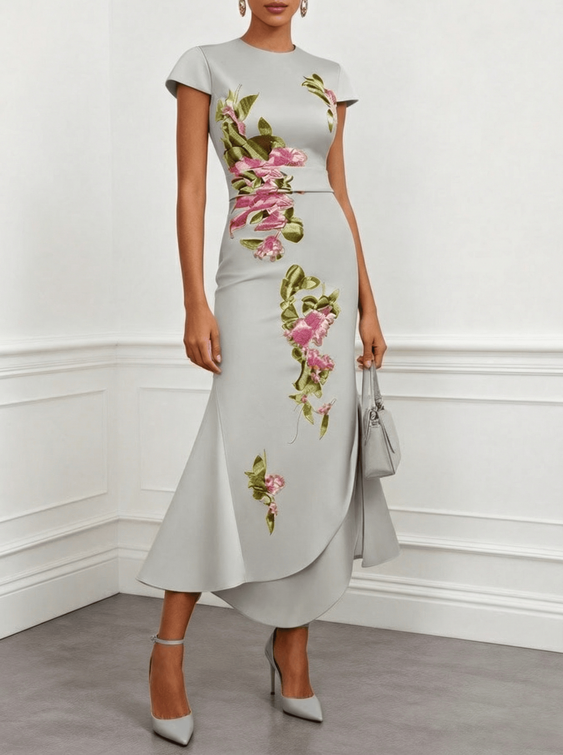 Green Satin Floral Embroidery Cap Sleeve Slit Sheath Maxi Dress
