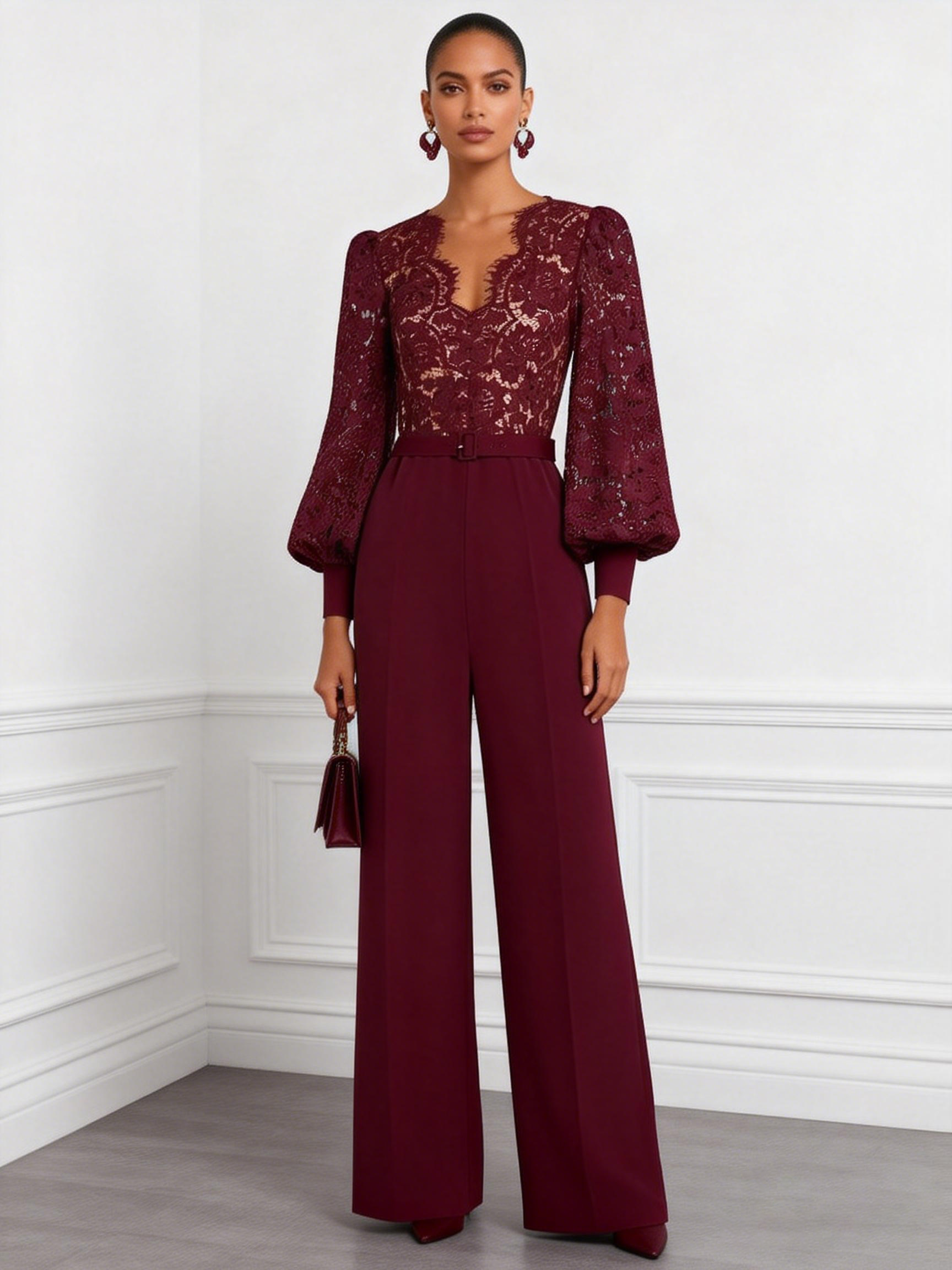 Women Burgundy Lace V Neck Long Sleeve Balloon Sleeve Dressy 
