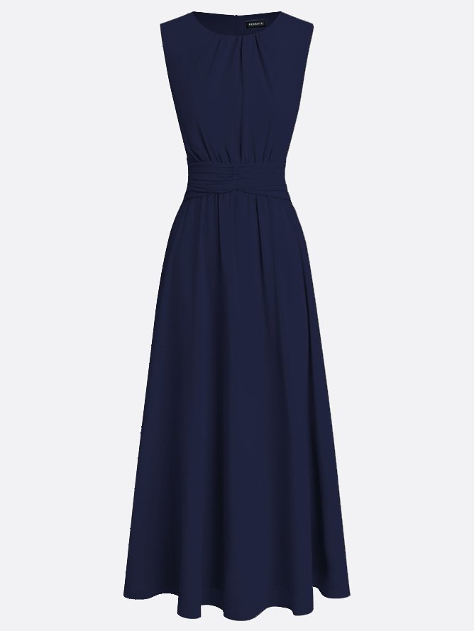 Maxis Crew Navy Blue Ruched Chiffon Crew Neck Sleeveless A-Line Maxi Dress | fehaute