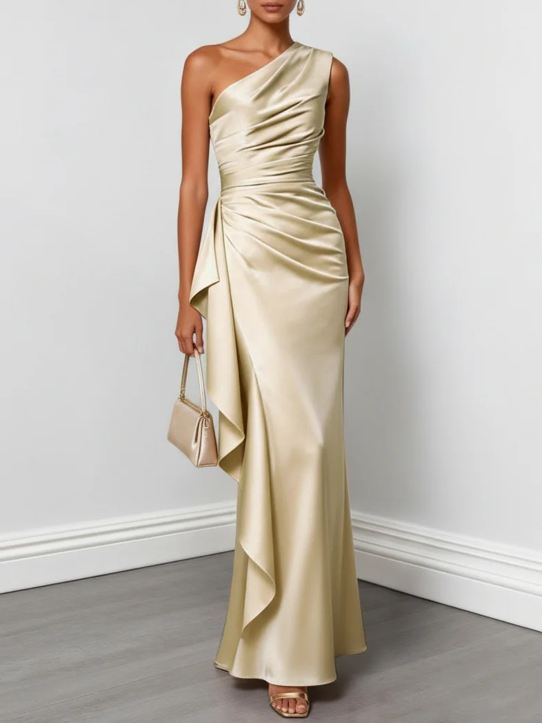 fehaute dress Champagne Ruffled Ruched Satin One Shoulder Sleeveless Sheath Floor-length Gown  Dress