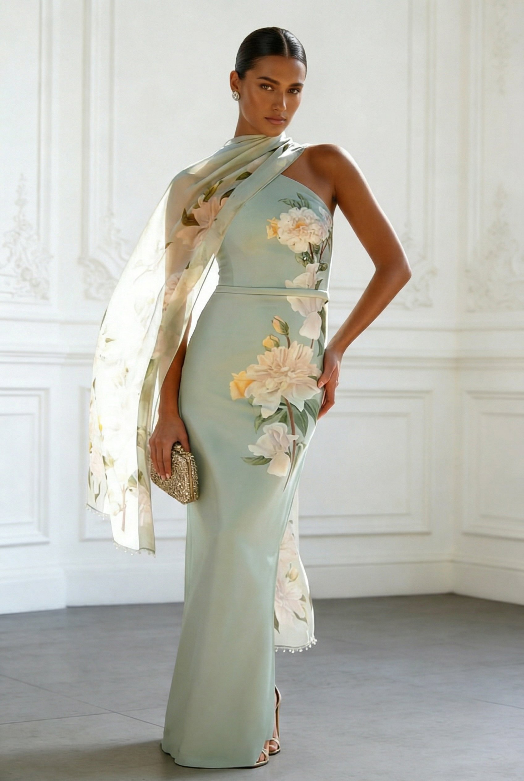 light green one piece dress Floral Classic Shoulder Sleeveless Sheath Maxi SS26EVENT