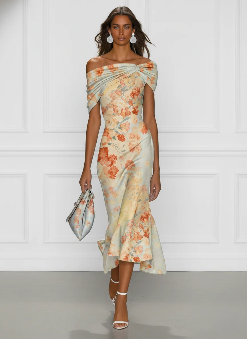 mermaid midi dress Women's Radiance Cream White XS/S/M/L/Customize MEAN BLVD Cream White / S Complemented with a draped fitted bodice Petal and Pup Women's Posedly