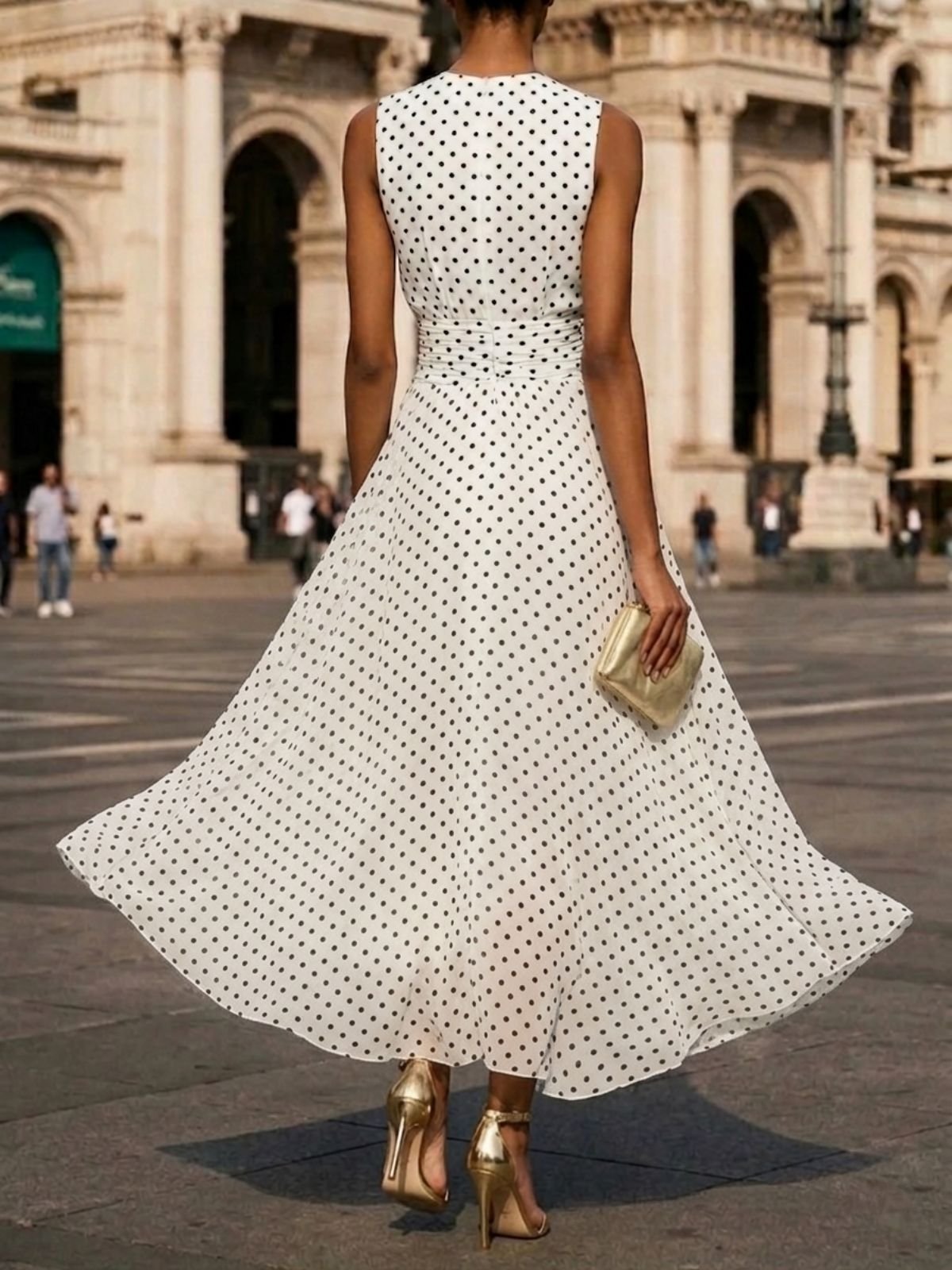 White Polka Dots Ruched Chiffon Crew Neck Sleeveless A-Line Maxi Dress |  fehaute