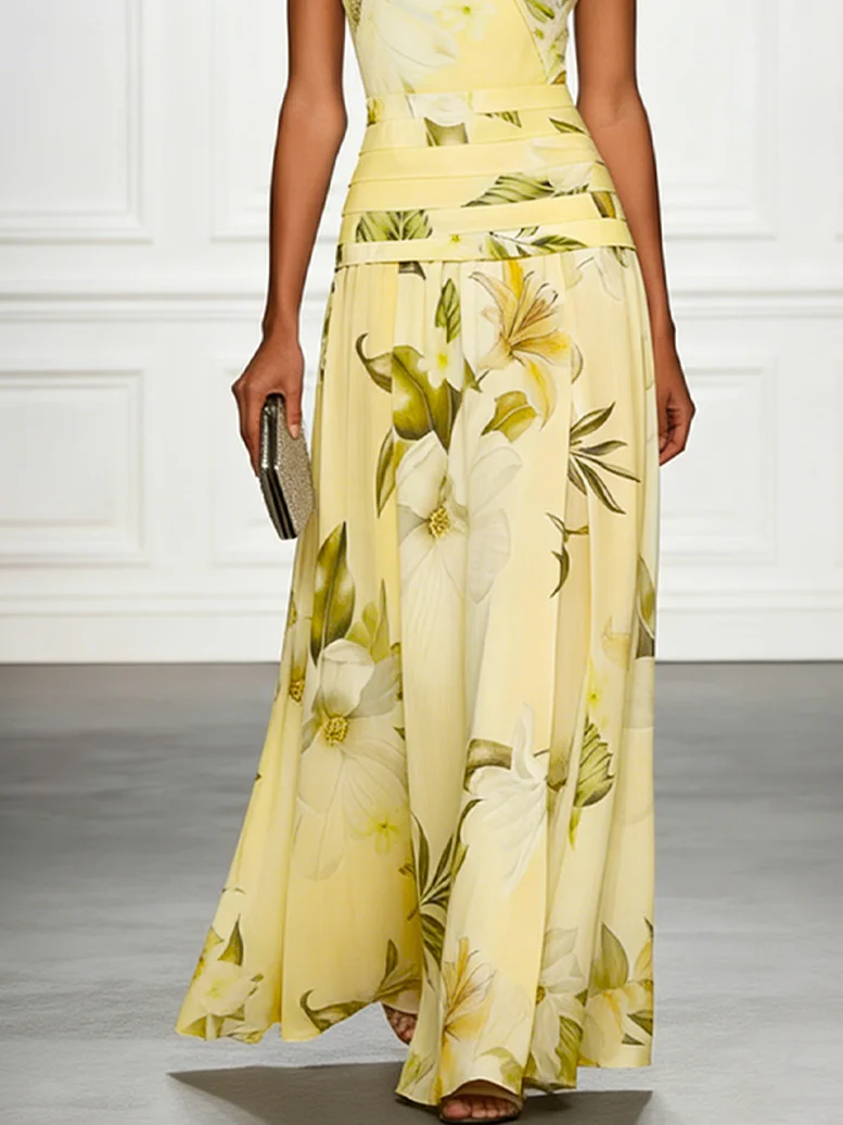 Light Blue Floral Ruched Classic Boat Neck Sleeveless A-Line Floor