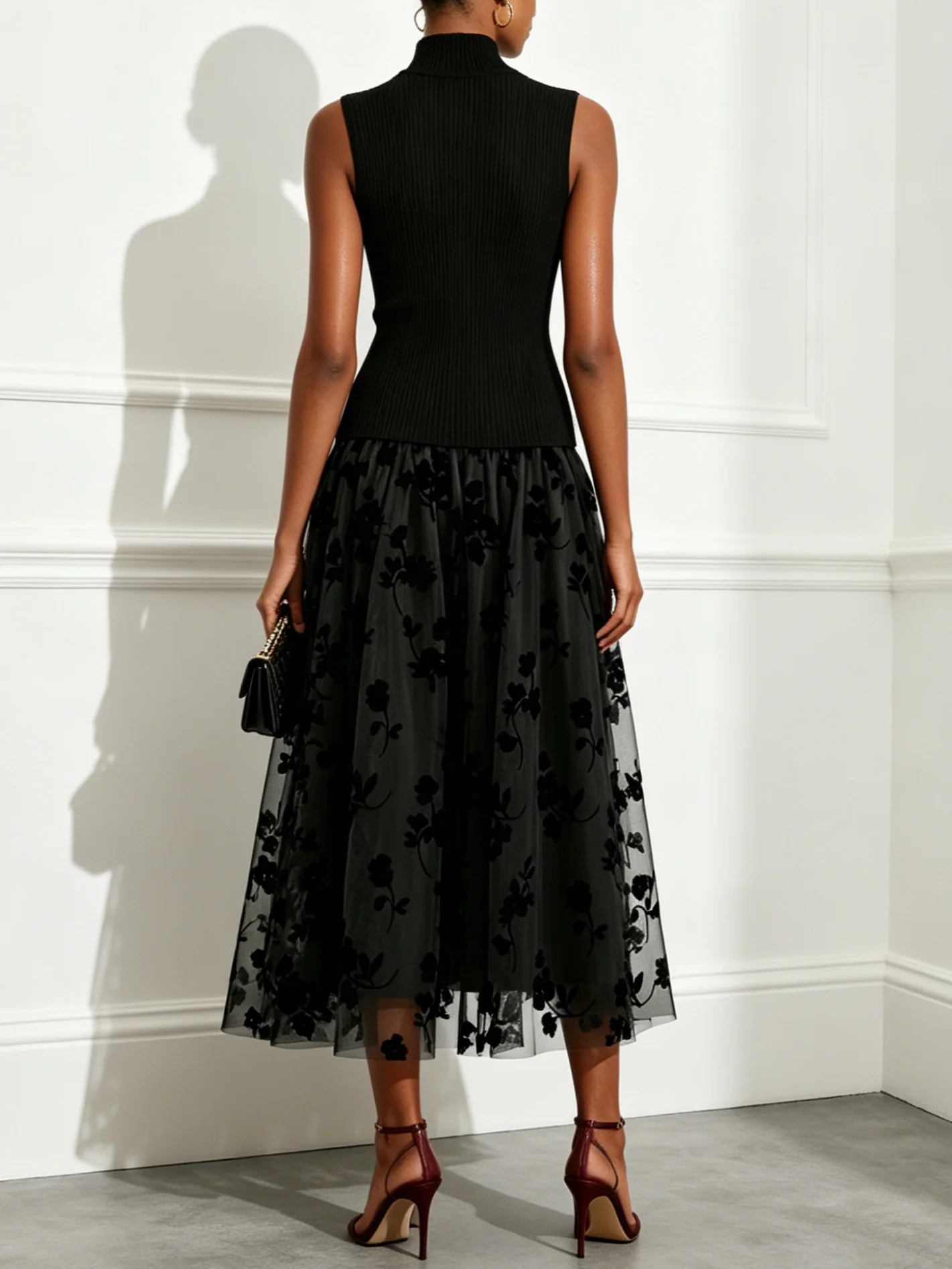 high neck sleeveless knit dress Black Flocked Drop-waist A-Line Maxi okk_neckline:PLUNGE NECK