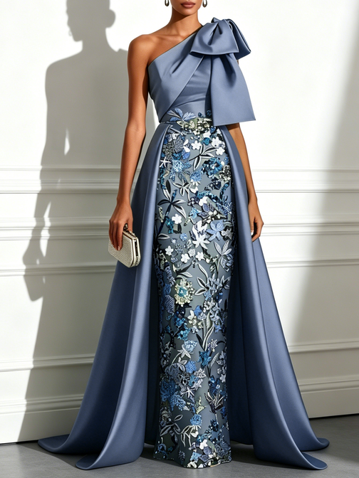 bow blue sequinned line dress Satin Sequin One Shoulder Sleeveless A-Line Gown Vacation Dresses Mini Backless Coastal Essentials Wedding dress formal evenings Size:2-4yr