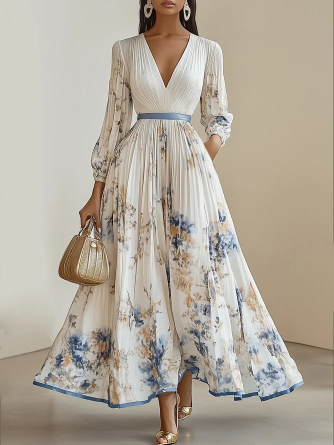 White Pleated Floral Chiffon V Neck Long Sleeve Balloon Sleeve A-Line Maxi  Dress | fehaute
