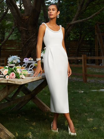 Off White SpaghettiImitation Pearls Sheath Midi Dress | fehaute