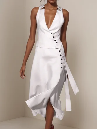 White V Neck Sleeveless Tie Waist A-Line Midi Dress | fehaute