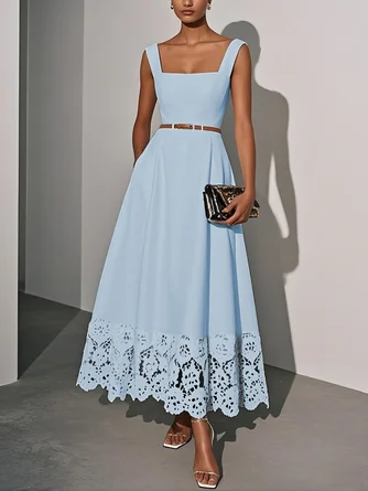 Light Blue Lace Classic Square Neck Sleeveless Line Maxi Dress