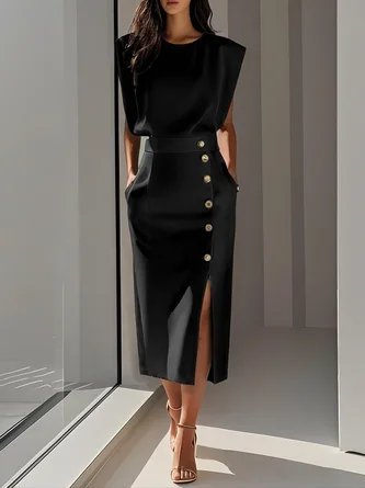 Black Buttoned Side-Slit Classic Crew Neck Sleeveless Sheath Midi Dress