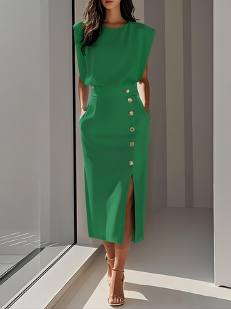 Buttoned Side Slit Classic Crew Neck Sleeveless Sheath Midi Dress