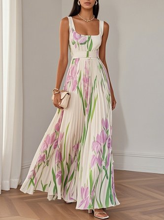 Square Neckline Sleeveless Floor-length Chiffon Dress Peach