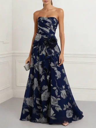 Purplish Floral 3D Floral Tulle Strapless Sleeveless Line Floor length Gown Dress
