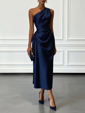 Purplish Ruched Satin One Shoulder Sleeveless Line Midi Dress