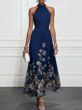 Navy Blue Floral Chiffon Halter Neck Sleeveless Line Maxi Dress