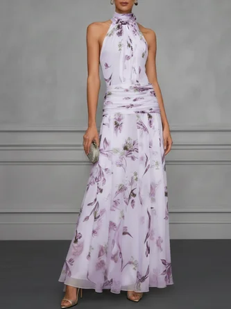 Light Ruched Floral Chiffon Halter Neck Sleeveless Line Floor length Gown Dress