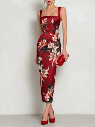 Floral Satin Square Neck Sleeveless Sheath Midi Dress