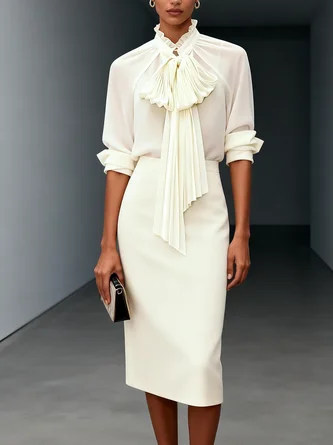 Bow Pleated Tie Neck Elegant Top Skirt Two Piece Set