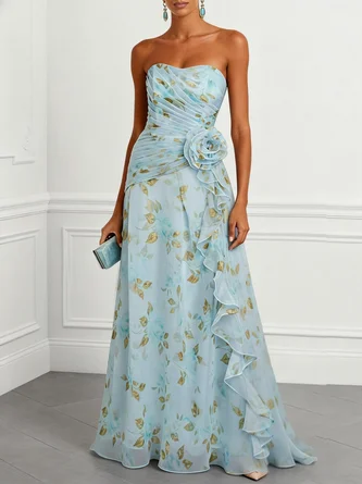 Light Blue Floral 3D Floral Tulle Strapless Sleeveless Line Floor length Gown Dress
