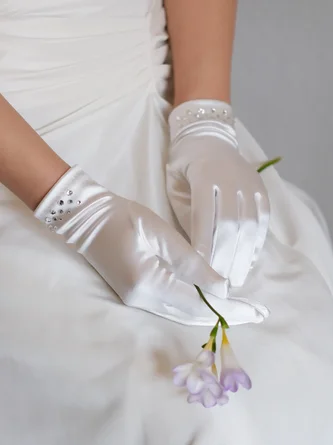 Retro style Short Minimalist Rhinestone Satin Elegant Bridal Banquet wedding Gloves
