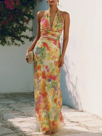 Floral Bow Chiffon Halter Neck Sleeveless Sheath Floor length Gown Dress