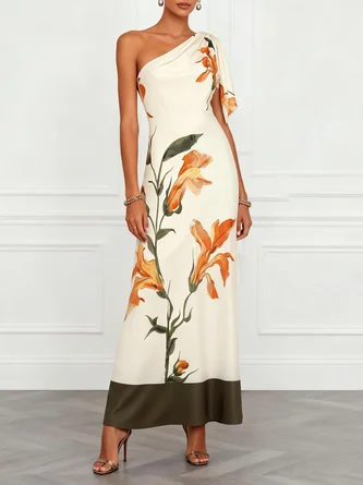 Off White Floral Peplum Satin One Shoulder Sleeveless Line Maxi Dress