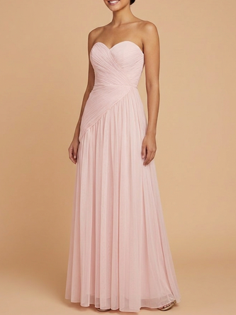 Blush Pink Strapless Sweetheart Ruched Chiffon Maxi Bridesmaid Dress Lace Up Back