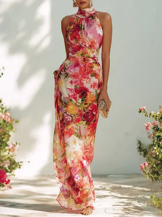 Floral Chiffon Halter Sleeveless Maxi Dress