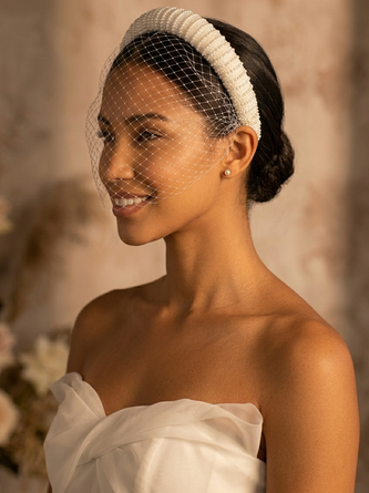 French Hepburn Style Handmade Bridal Veil Vintage Beaded Mesh Headband Wedding Face covering Hair Accessory Headband