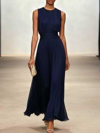 Navy Blue Ruched Chiffon Crew Neck Sleeveless Line Maxi Dress