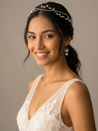 Sparkling Minimalist Electroplated Rhinestone Faux Pearl Chain Wedding Headpiece Headband