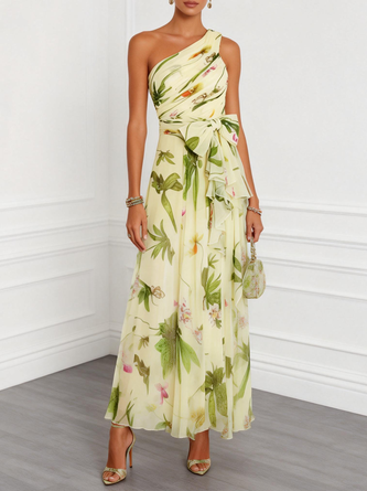 Floral Bow Chiffon One Shoulder Sleeveless Line Maxi Dress