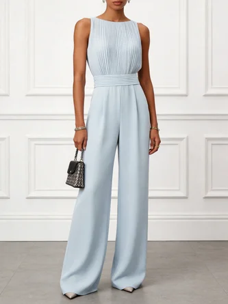 Light Blue Pleated Boat Neck Sleeveless Dressy Jumpsuit