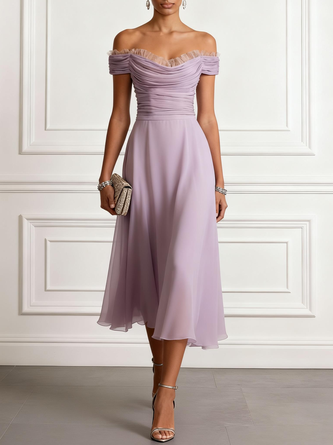 Pleated Chiffon Off Shoulder Sleeveless Line Midi Dress