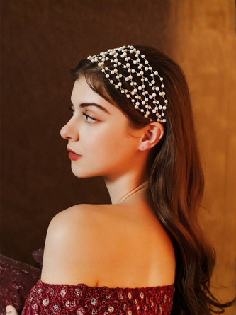 Handmade Beaded Pearl Mesh Wedding Dress Headbands Brides