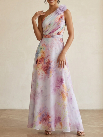 Light 3D Floral Floral Chiffon One Shoulder Sleeveless Line Floor length Gown Dress